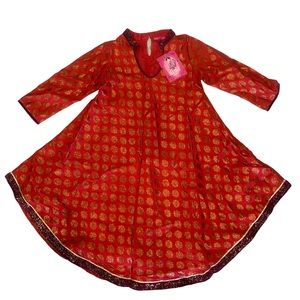 Biba Girl's Indian Kurta Tunic, Costume, Red with Gold Print, Age 10-11 NWT